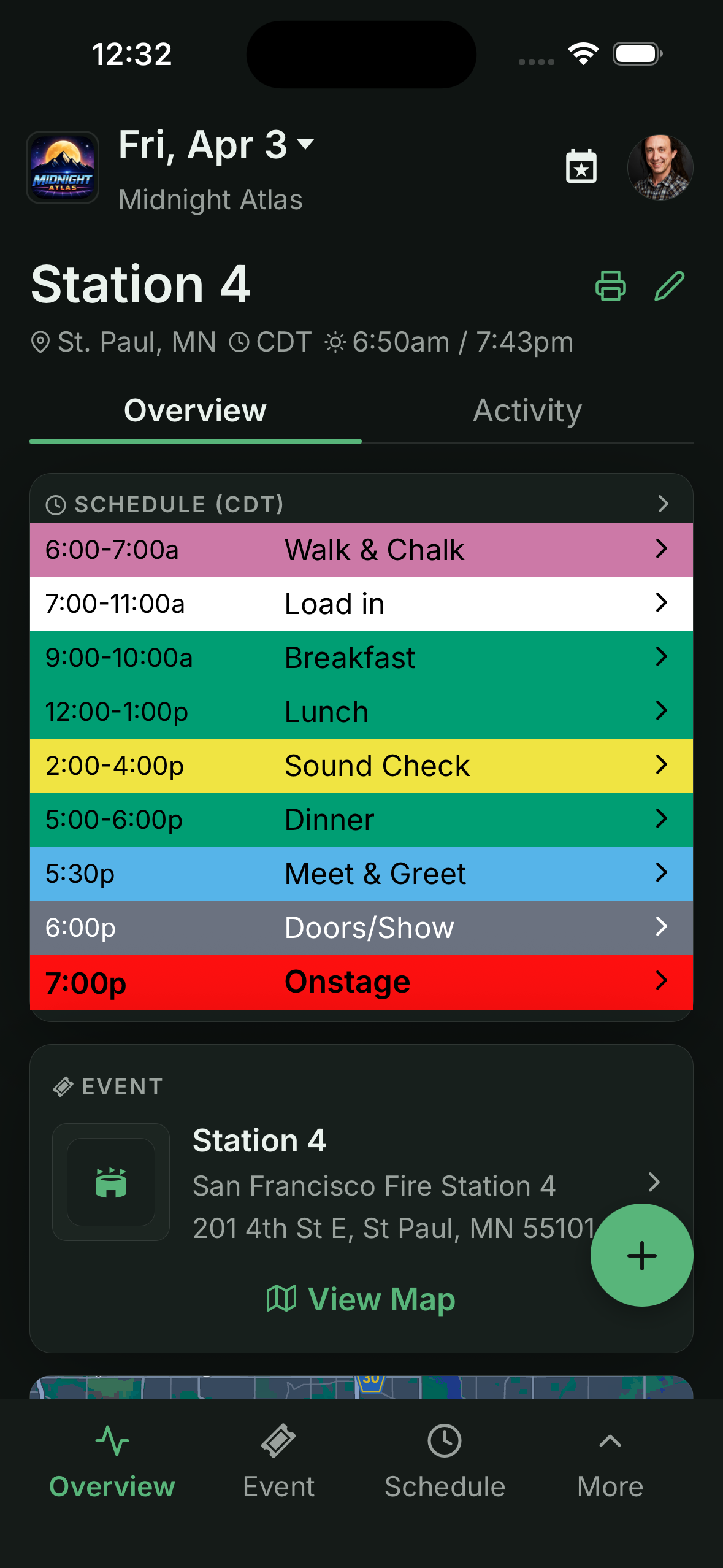RoadOps color labels on a tour schedule